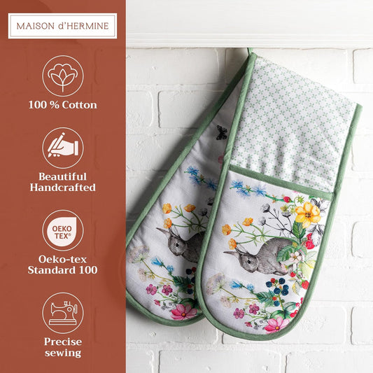 Maison d' Hermine Double Oven Mitts 100% Cotton 7"x35" Double Oven Mitt Heat Resistant BBQ Cooking Gloves with Loop, Baking, Grilling, Home, Kitchen, Handling Hot Pans Spring Summer (Printemps)