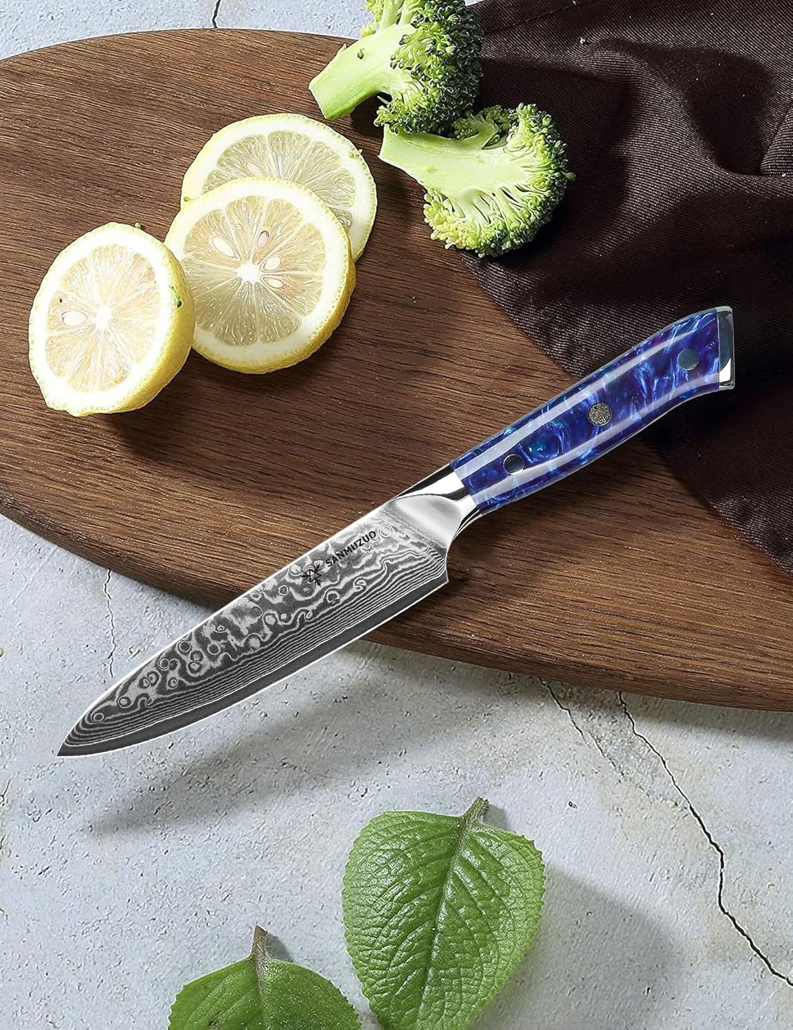 5 Inch Kitchen Utility Knife - Xuan Series - VG10 Damascus Steel Kitchen Knives - Resin Handle (Sapphire Blue)