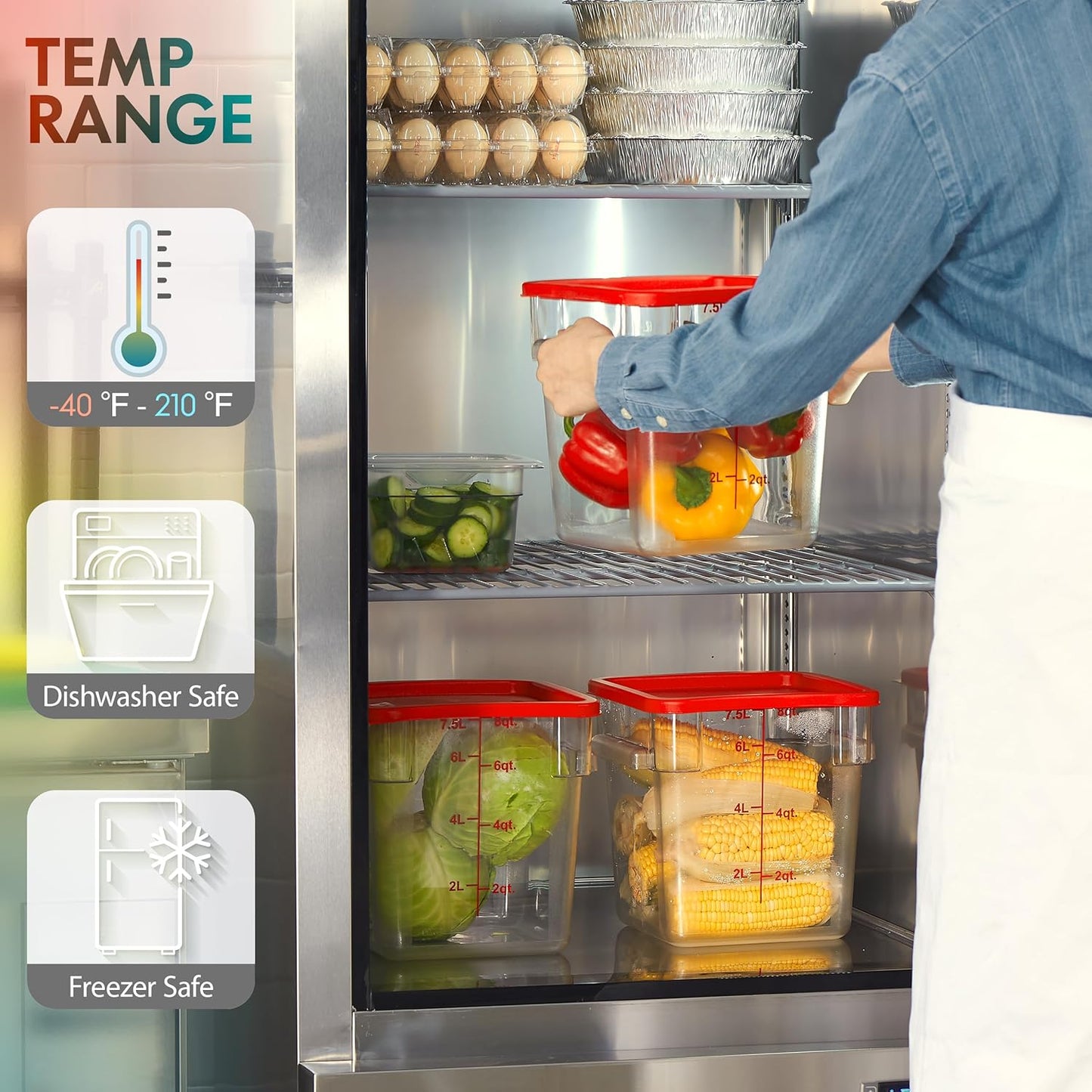 CURTA 4 Pack Food Storage Container with Green Lid - NSF Listed Commercial Grade in 2.0 Qt - Square, Clear, Polycarbonate