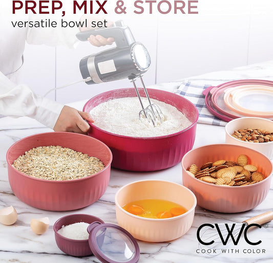 COOK WITH COLOR Prep Bowls with Lids- Wide and Deep Nesting Plastic Small Mixing Bowl Set with Lids, 12 Piece Set - Wide Bowls, Rose