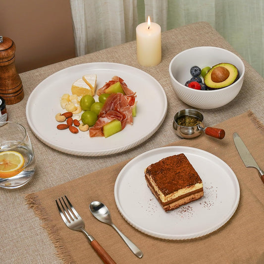 Earthsong Dinnerware Sets for 4, 12-Piece Ceramic Plates and Bowls Set, Dishwasher and Microwave Safe Stoneware Dishes Set, Ribbed, Snowcrest White