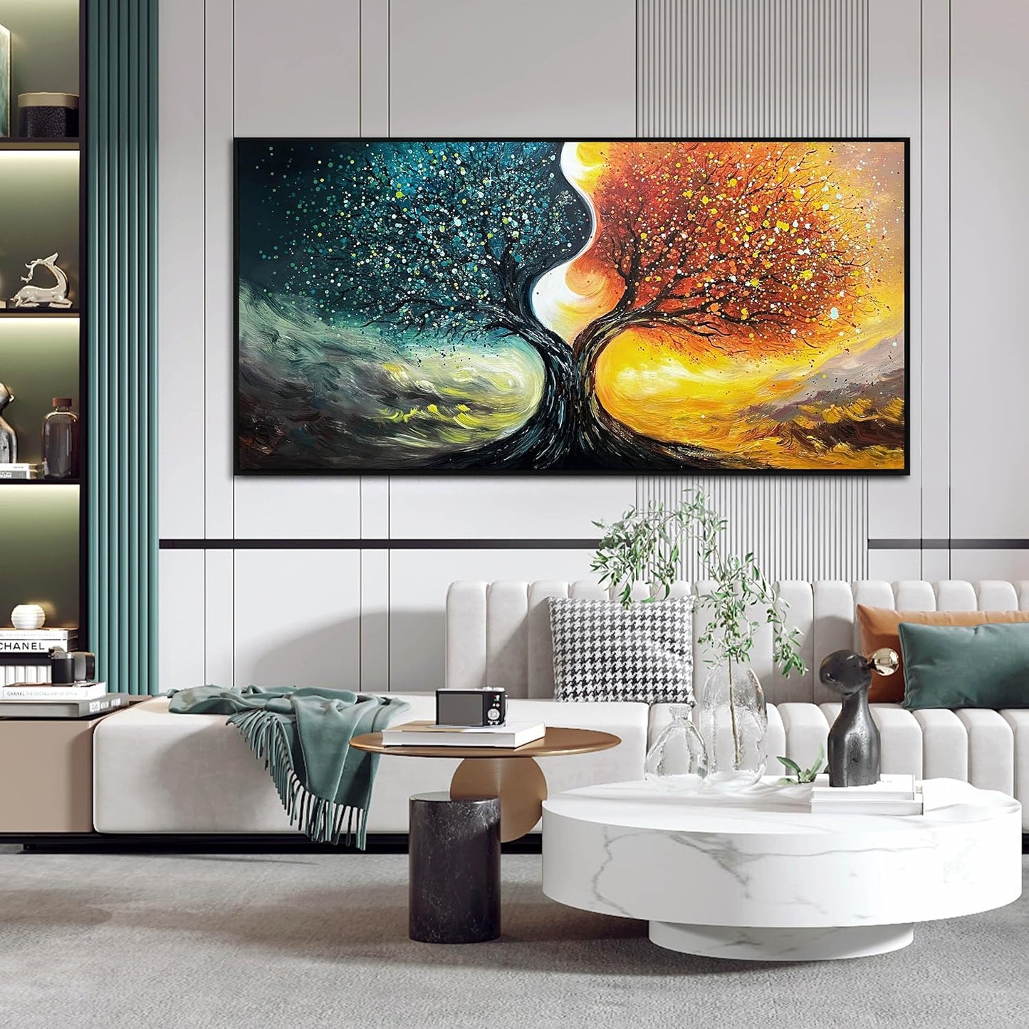 Tree Hand Painted Wall Art for Bedroom - Abstract Canvas Wall Art for Living Room Large Size - Modern Framed Wall Decor for Office Size 29" x 59"