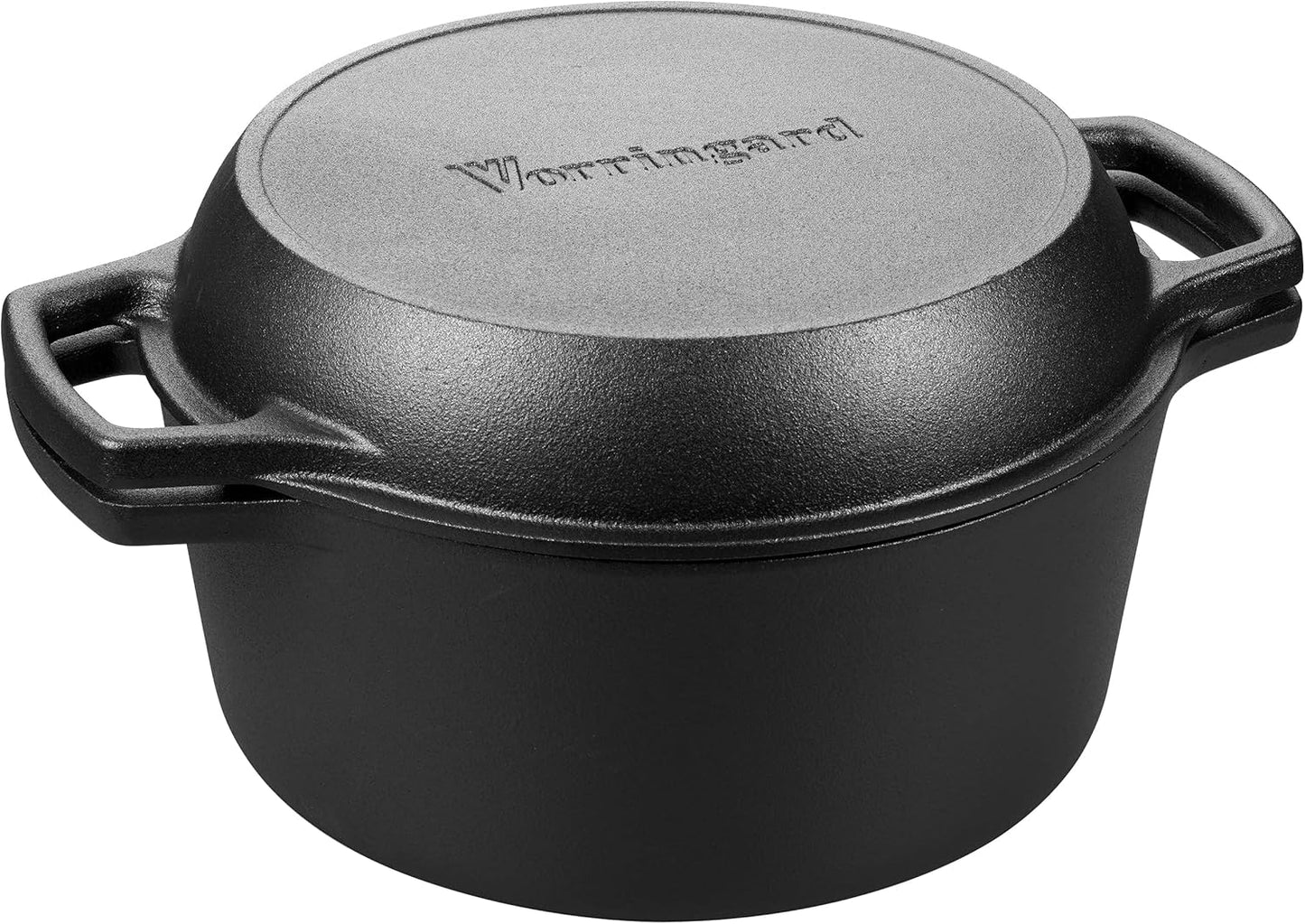 Pre-seasoned Cast Iron Double Dutch Oven Pot with Skillet Lid, Dual-handle, for Bread Baking, Outdoor, Campfire Cooking, 5 Quart