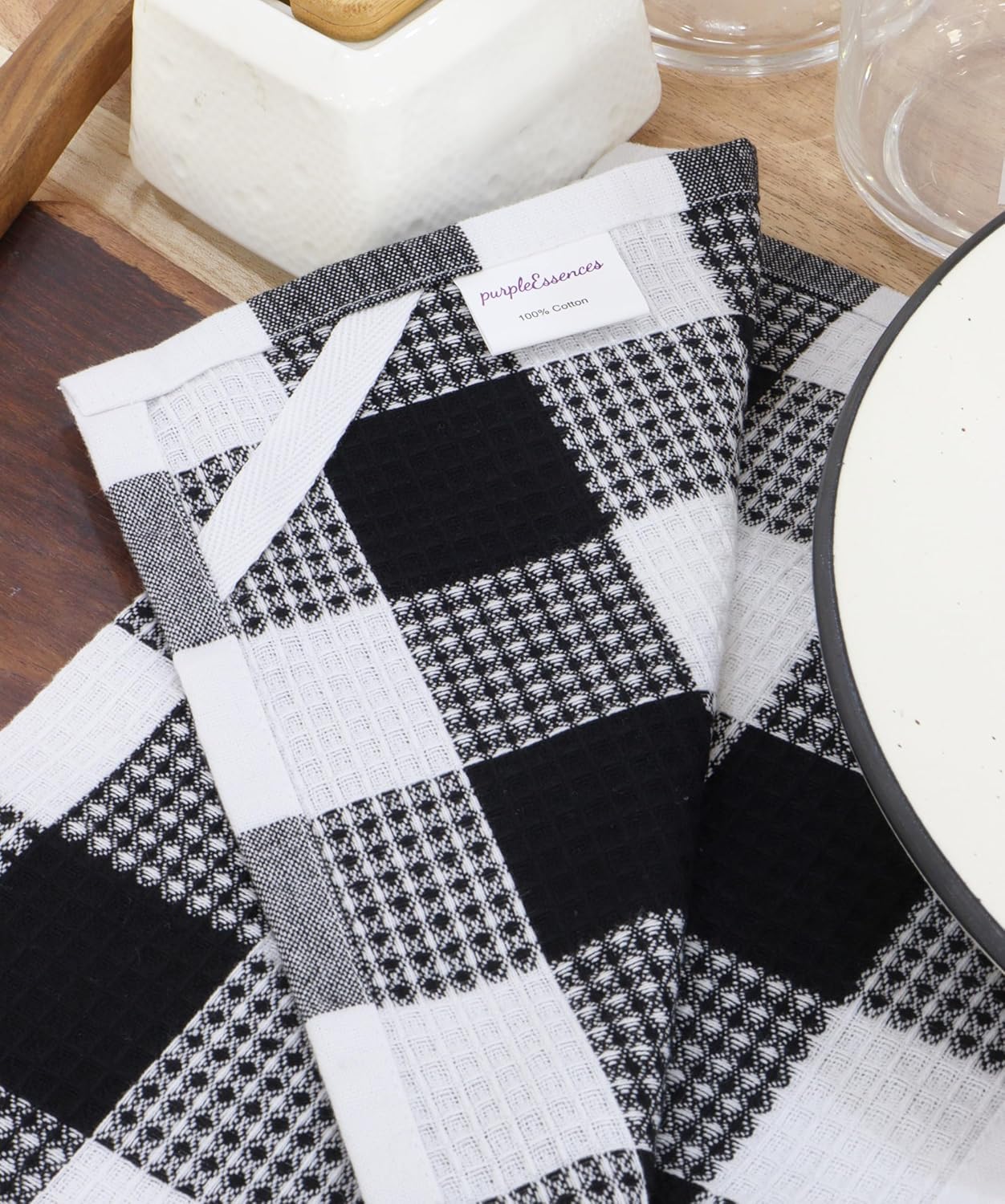 PurpleEssences 100% Cotton Waffle Weave Check Plaid Kitchen Towels, Super Soft and Absorbent Dish Towels for Drying Dishes 15 x 25-6 Pack - Fall Thanksgiving - Black and White