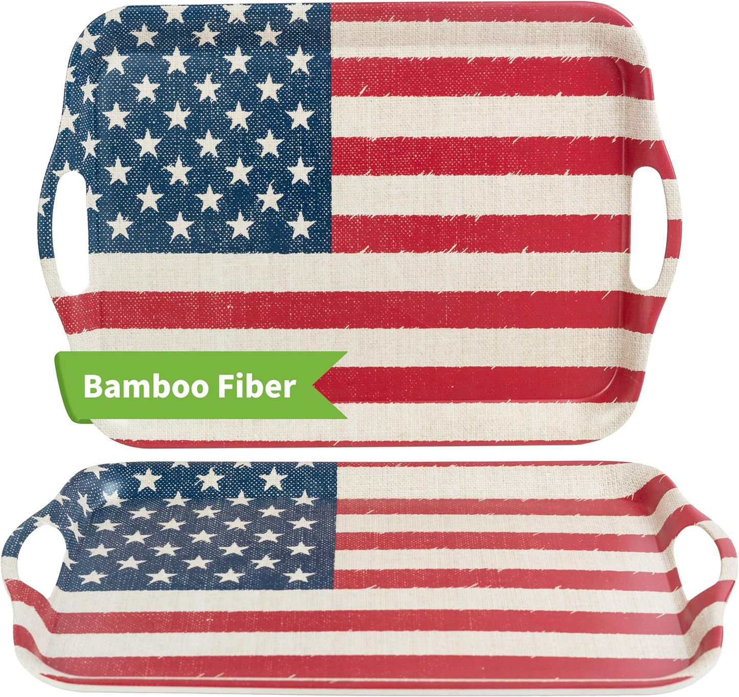KINGEN 2-Pack Patriotic Bamboo Fiber Serving Trays - 18×13-inch Extra Large w/Handles Tray, Stars & Stripes Platters for 4th of July, Christmas, Birthday, BBQ, Party - Red, White & Blue Decor