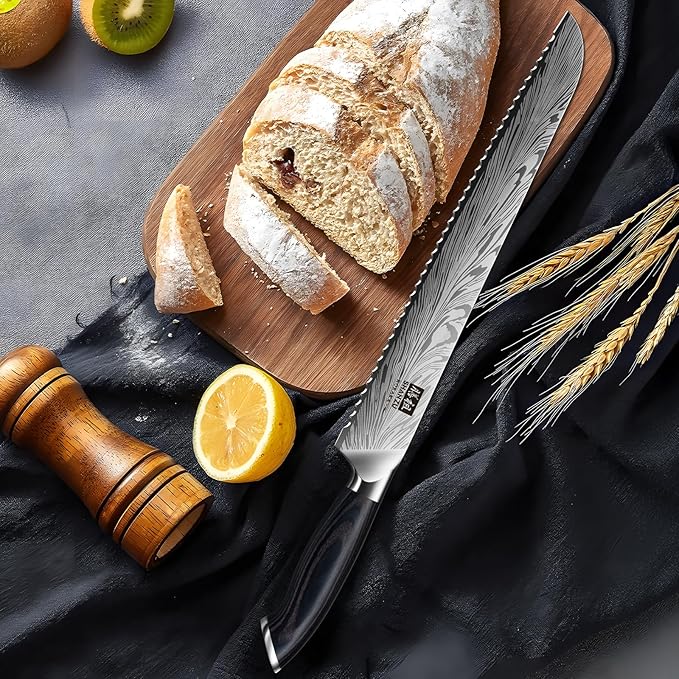 SHAN ZU 10 inch Bread Knife in Powder Steel, Serrated Bread Knife for Homemade Bread Sourdough Ultra Sharp Bread Slicer Knives with Ergonomic Pakkawood Handle for Sourdough, Turkey and Fruit
