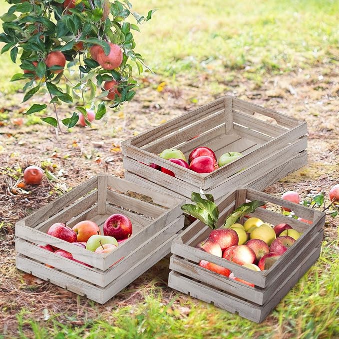 Farmhouse Wood Nesting Storage Crates with Handles, Decorative Tabletop Container Boxes, Bathroom Living Room Kitchen Organizer, Gift, Set of 3, Rustic Nature