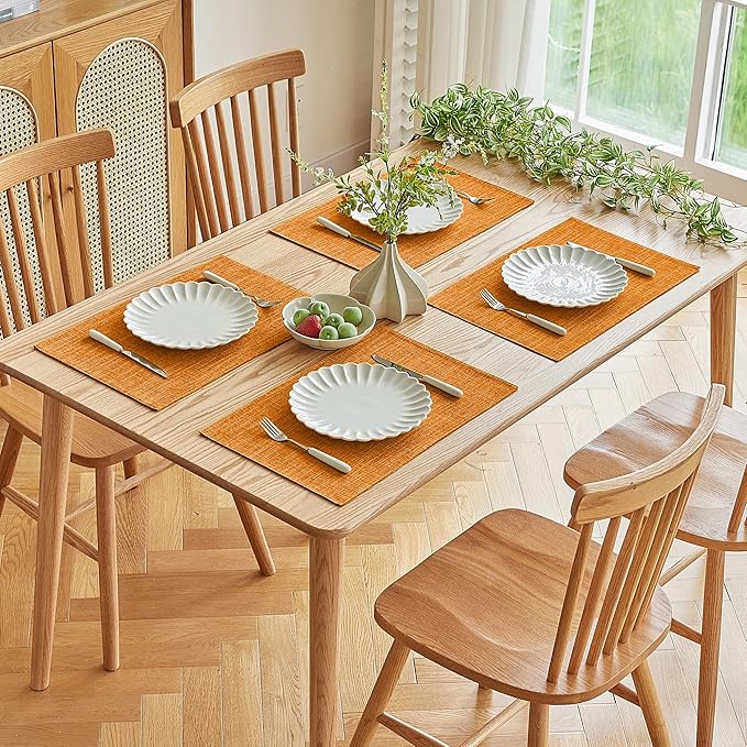 Softalker Faux Linen Placemats Set of 12-12 x 18 Inch, Heat Resistant Double Layered Durable Burlap Farmhouse Place Mats, Non-Slip Washable Rustic Table Mats for Dining, Kitchen, Party(Orange