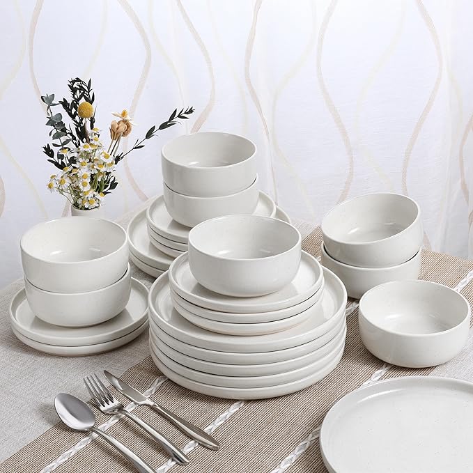 HaWare Stoneware Dinnerware Sets, 24-Piece Plates and Bowls Set for 8, Dishes Set for Home Restaurant, Speckled Milky White