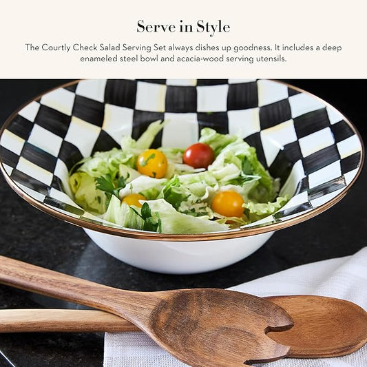 MACKENZIE-CHILDS Enamel Salad Serving Set, Enamel Bowl and Wooden Salad Servers, Decorative Kitchen Set, Black-and-White Courtly Check