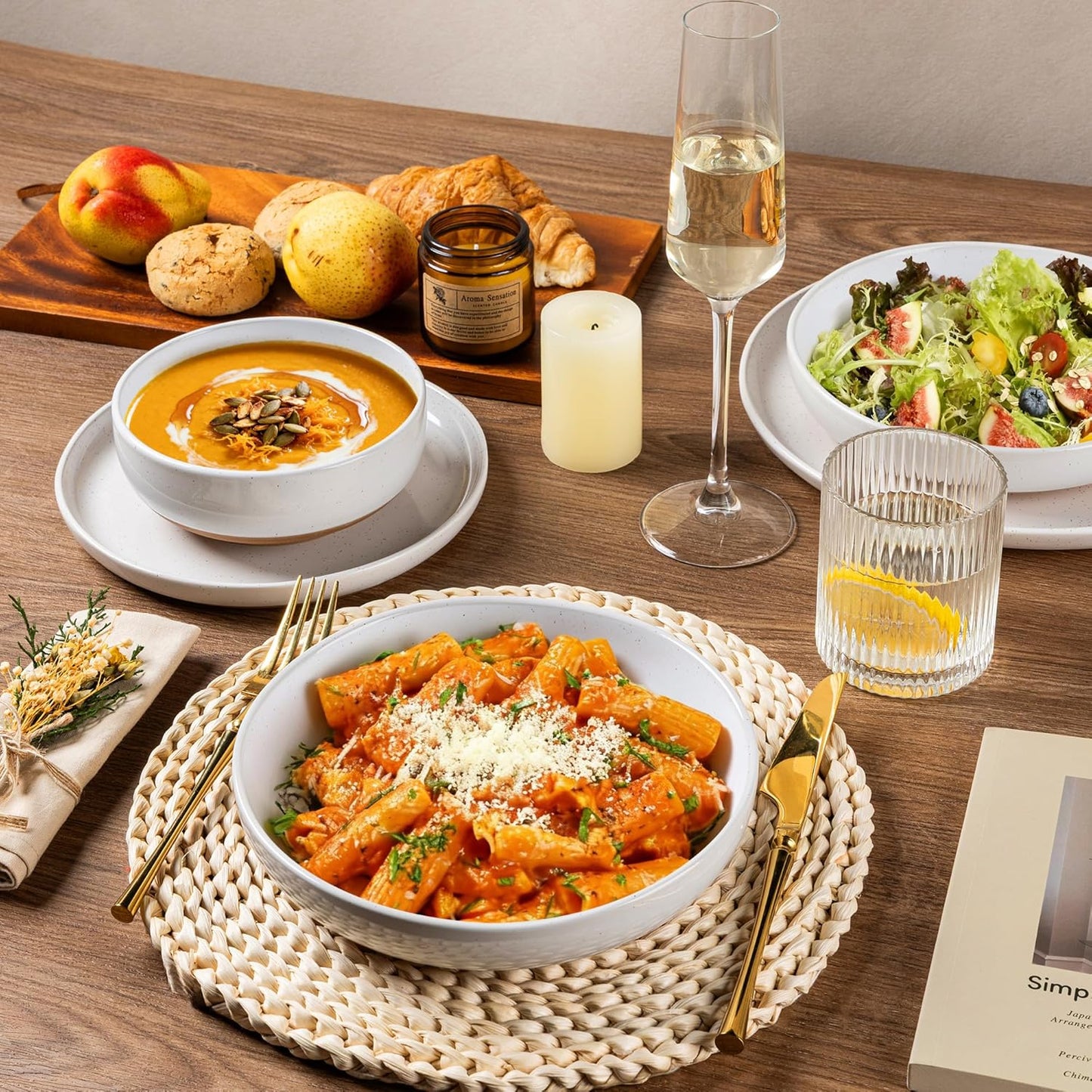 AmorArc Ceramic Dinnerware Sets with Pasta Bowls for 4, Handpainted Plates and Bowls Set with Rustic Terracotta Underside, Scratch Resistant Dishes Set, Dishwasher & Microwave Safe, 16 Pcs