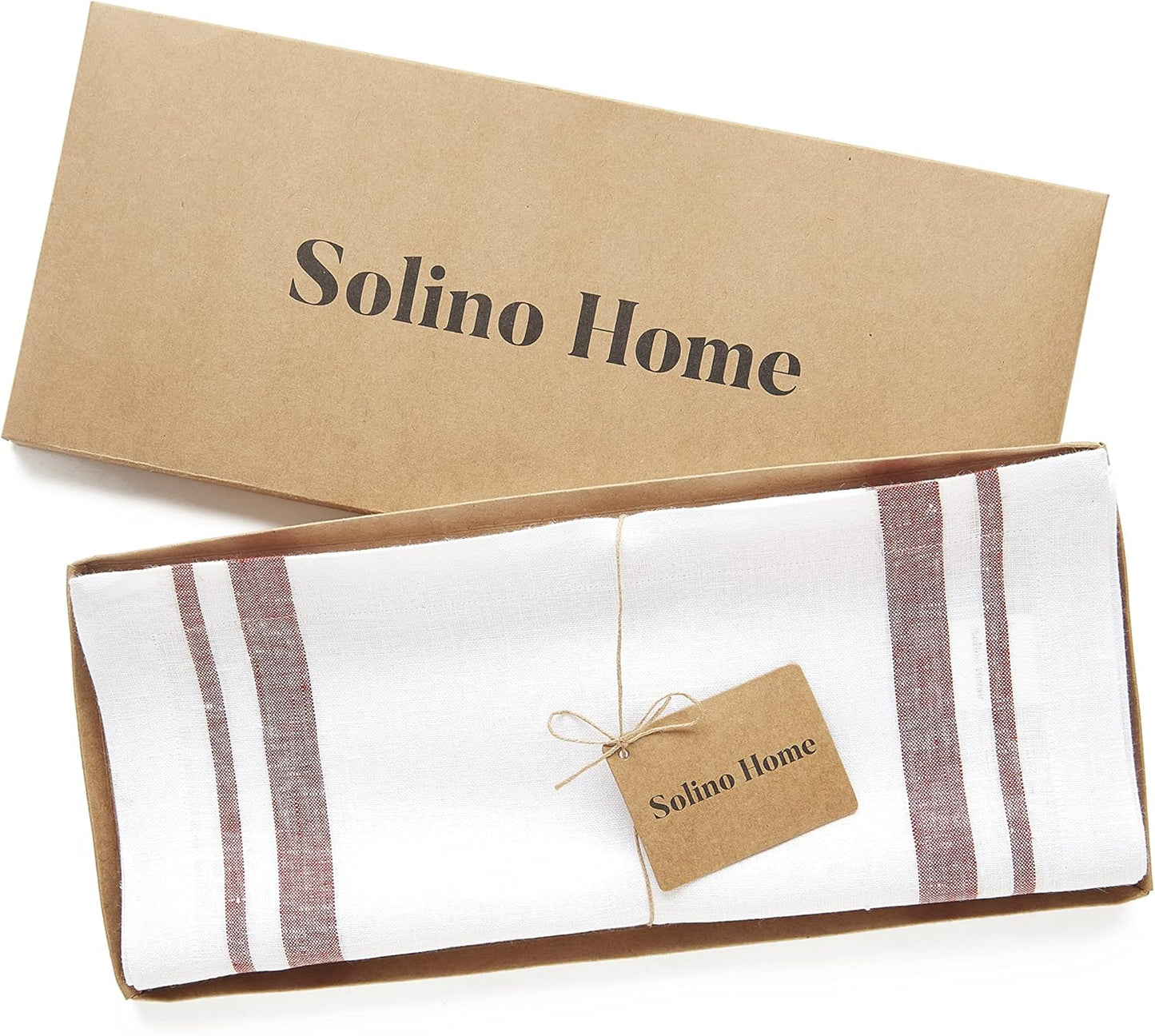 Solino Home Linen Table Runner 60 Inches - 100% Pure Linen Burgundy and White French Stripe Table Runner 14 x 60 Inch Ideal for Dresser and Coffee Tables - Fall, Autumn, Halloween, Thanksgiving