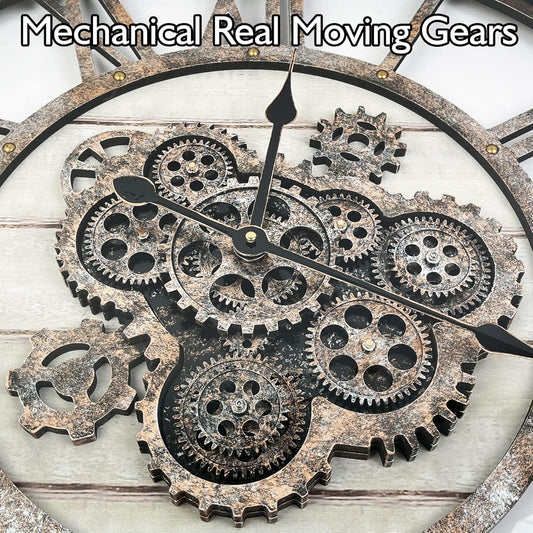 DORBOKER 24" Large Wall Clock with Moving Gears,Oversize Vintage Industrial Rustic Farmhouse Clocks for Living Room Decor Office Home,Solid Wood Retro Metal HD Tempered Glass Cover,Desert Beige