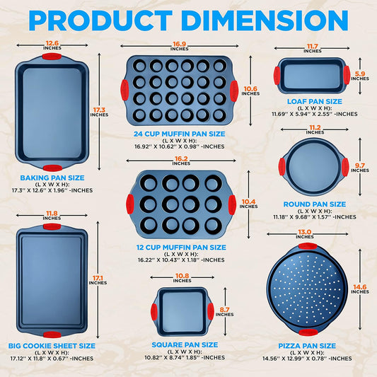 NutriChef 10-Piece Nonstick Bakeware Set - Premium Carbon Steel Baking Pans w/Silicone Handles - Includes Pizza Tray with Holes, 12 & 24 Cup Muffin Pans, Cookie Sheets, Round, Square & Loaf Pan - Blue
