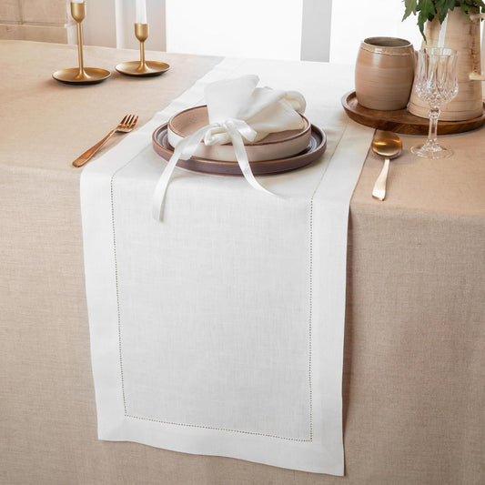 D'Moksha Homes Linen White Table Runner 48 Inches - Classic Hemstitch, 100% Pure Linen Coffee Table Runner 14 x 48 Inch Ideal for Dresser Tables - Fall, Autumn and Halloween