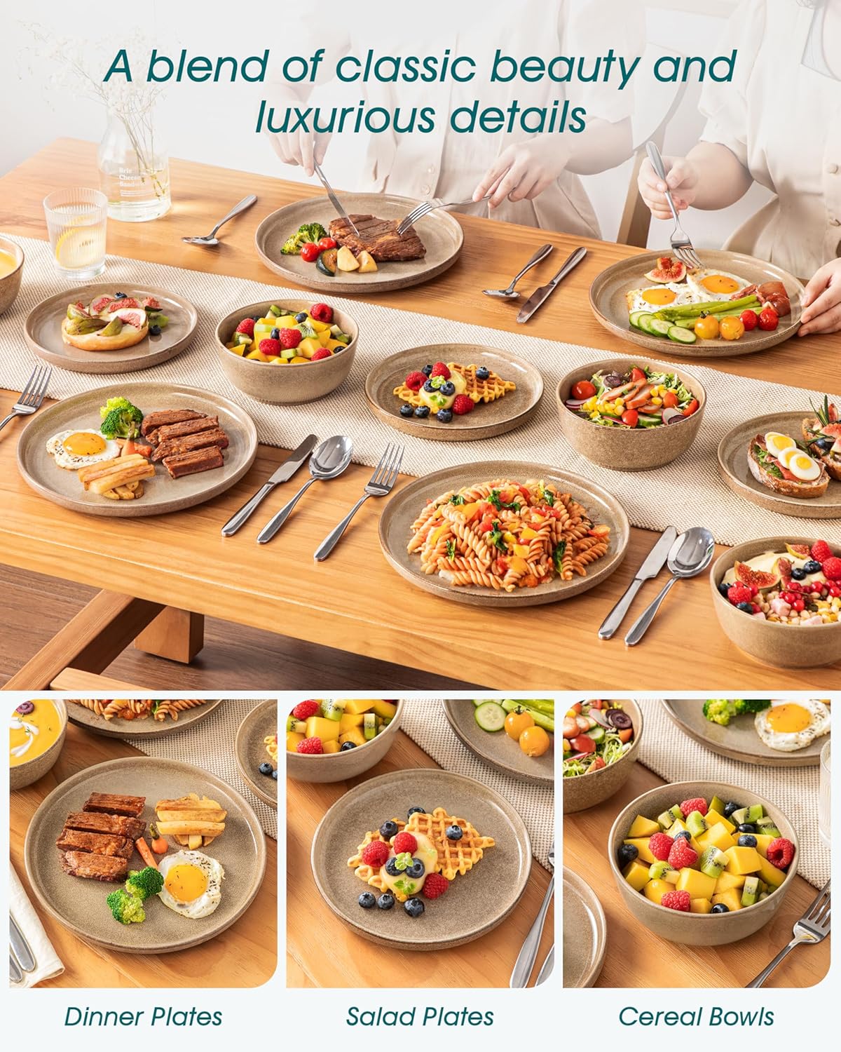 vancasso ANYA 24 Pieces Plates and Bowls Set, Caramel Dinnerware Sets, Reactive Glaze Dishes Set for 8, Ceramic Dishware Sets Kitchen Dinner Set, Microwave & Dishwasher Safe