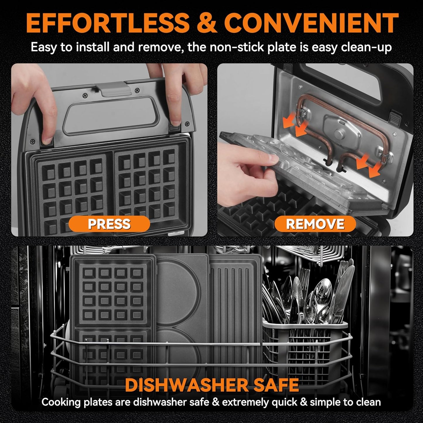 Baker’s Friend 3 in 1 Mini Waffle Maker with Removable Plates, Dual Waffle & Pancake and Grill Plates, Breakfast Sandwich Maker Press, Dishwasher Safe, Non-stick Coating, Graphite