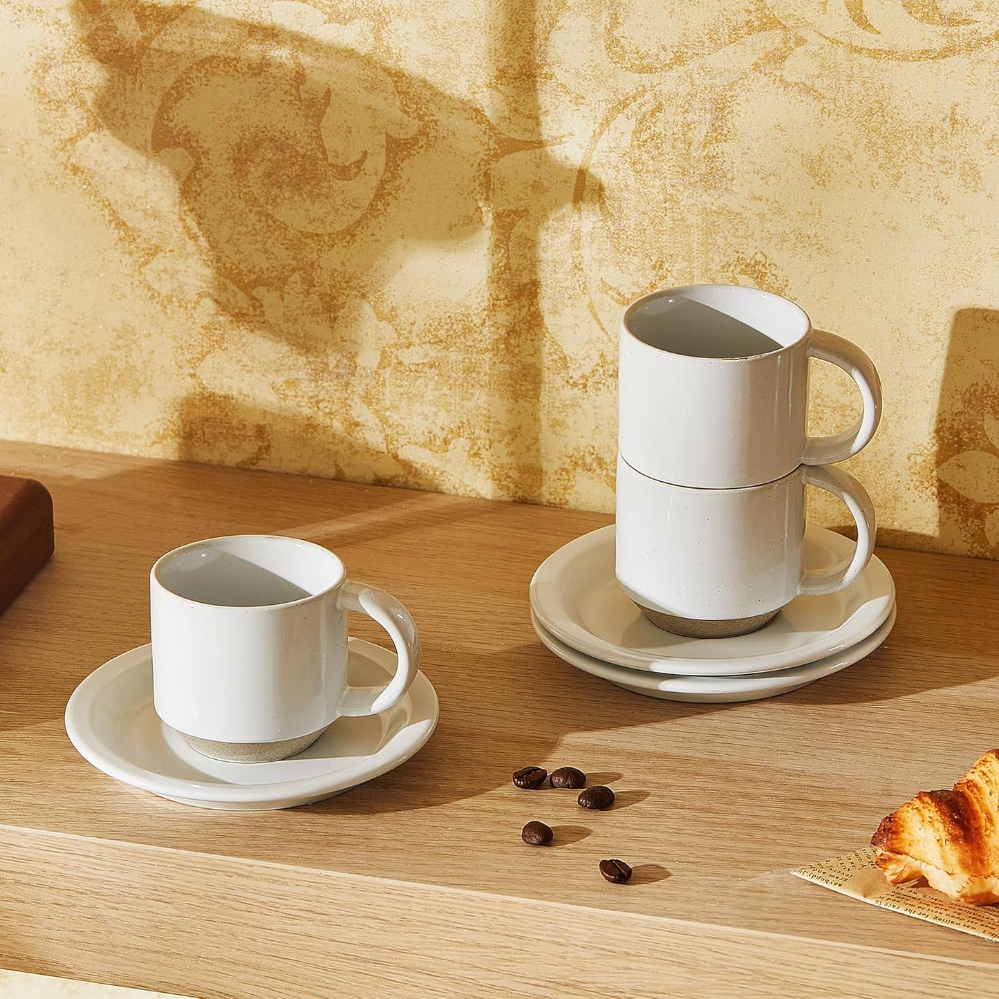 Oak Espresso Cups Set of 4, 3 oz Demitasse Cups, Modern Style, Microwave & Dishwasher Safe (Snow)