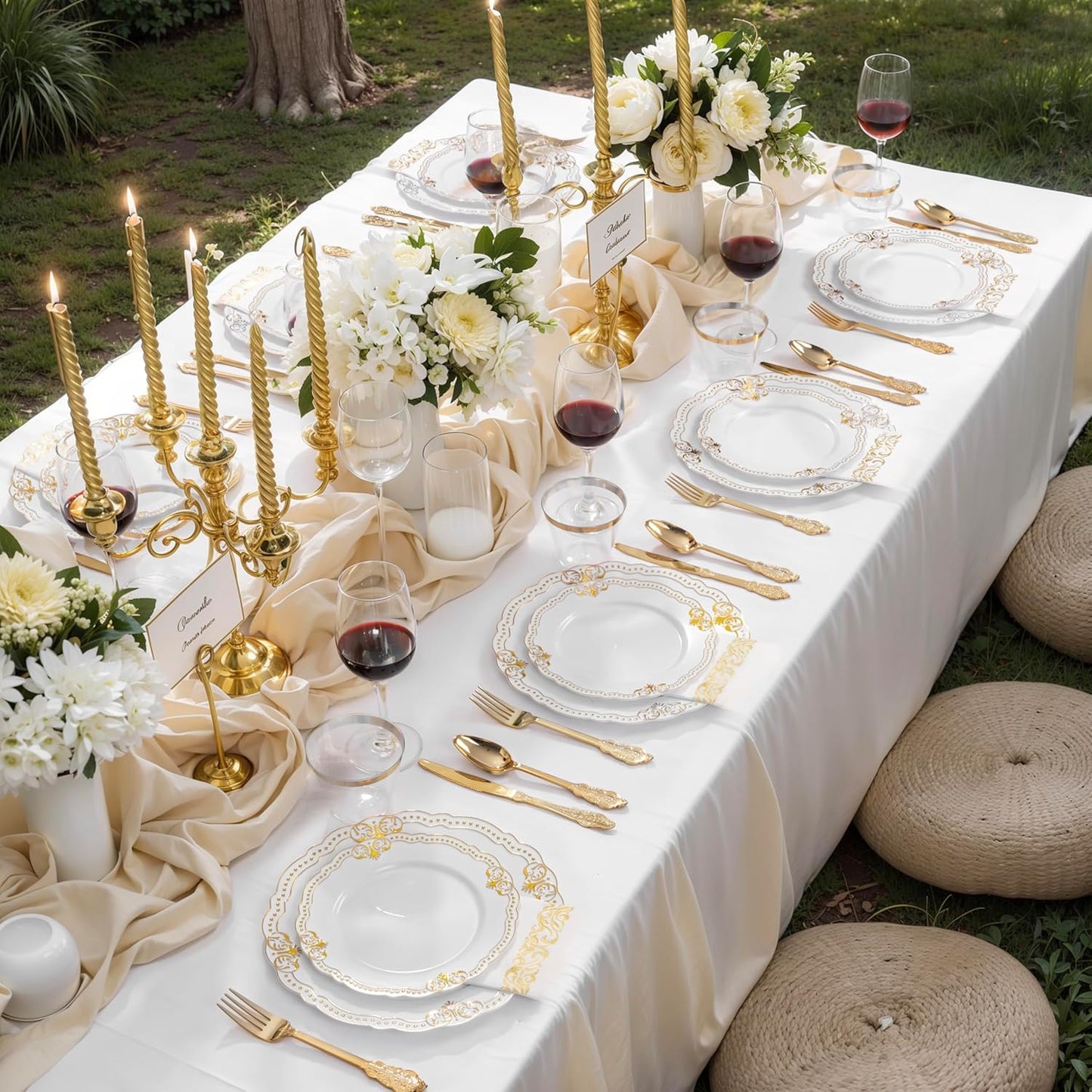 Ciaell 175 PCS White and Gold Plastic Plates - Fancy Gold Disposable Dinnerware Set with of 50 Plastic Plates, 25 Knives, 25 Forks, 25 Spoons, 25 Cups, 25 Napkins for Wedding, Party &Thanksgiving
