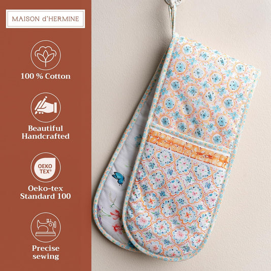 Maison d' Hermine Double Oven Mitts 100% Cotton 7"x35" Double Oven Mitt Heat Resistant BBQ Cooking Gloves with Loop, Baking, Grilling, Home, Kitchen, Handling Hot Pans Spring Summer (Summer Whisper)