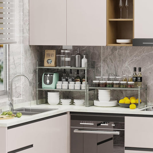 Expandable Stackable Spice Rack Cabinet Shelf Organizer in Cabinets Shelves Kitchen Cupboard Organization Stack up Racks Pantry Countertop Storage (Gun-Gray, Medium 1 Pack G)