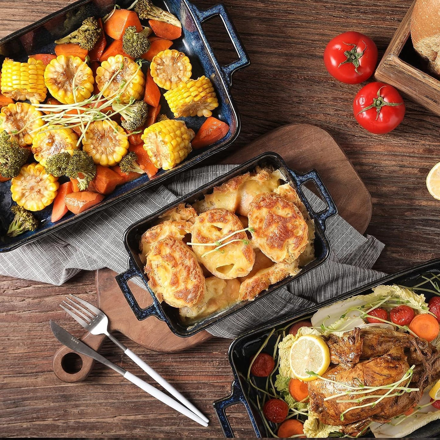 VICRAYS Ceramic Bakeware Set, Porcelain Rectangular Lasagna Pans Casserole Dish Set for Baking, Cooking, Kitchen, Cake Dinner, Banquet and Daily Use, 3 PCS, 15 x 8.5 Inches(Blue)
