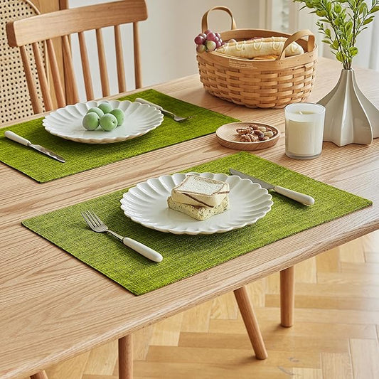 Softalker Faux Linen Placemats Set of 6-12 x 18 Inch, Heat Resistant Double Layered Durable Burlap Farmhouse Place Mats, Non-Slip Washable Rustic Table Mats for Dining, Kitchen, Party(Lime Green