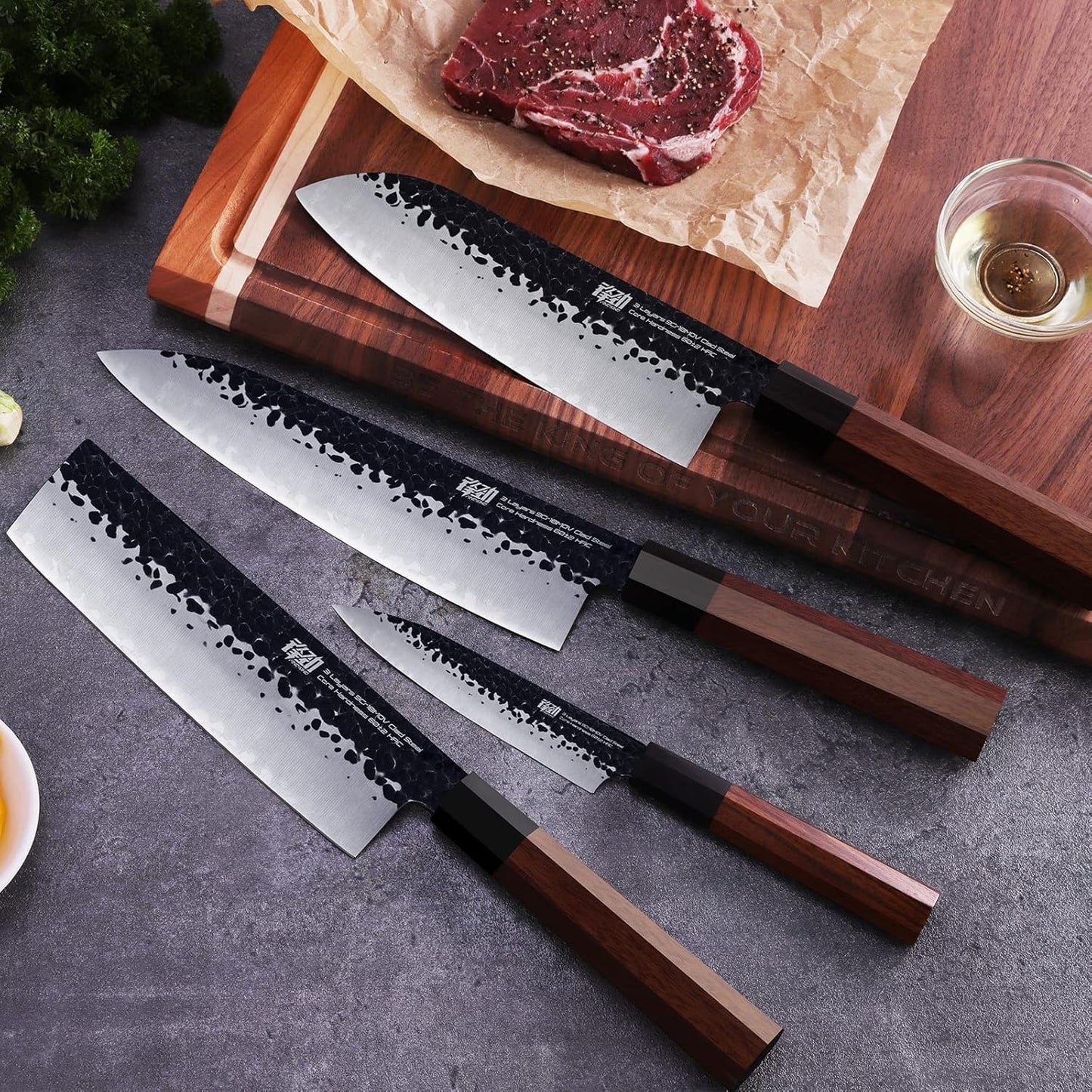 FINDKING Dynasty Series 4PCS Kitchen Knife Set, Professional Japanese Chef Knife Set, 9Cr18MoV High Carbon Steel Blade, African Rosewood Octagonal Handle, for Meat, Fruits, Vegetables