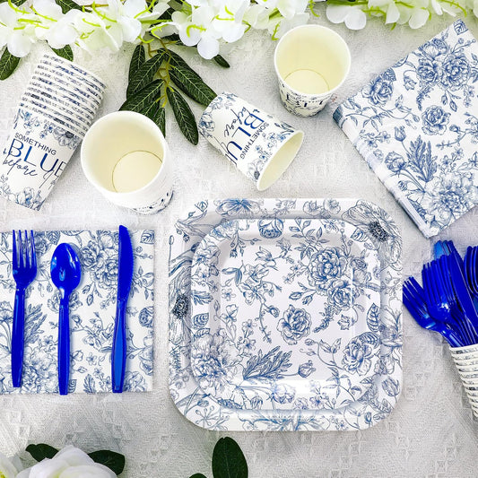 350 Pcs Paper Plates and Napkins Set Disposable Dinnerware Party Supplies Tableware Serve 50 Guest Cups Knife Forks Spoon(Blue,Something Blue Before I Do)