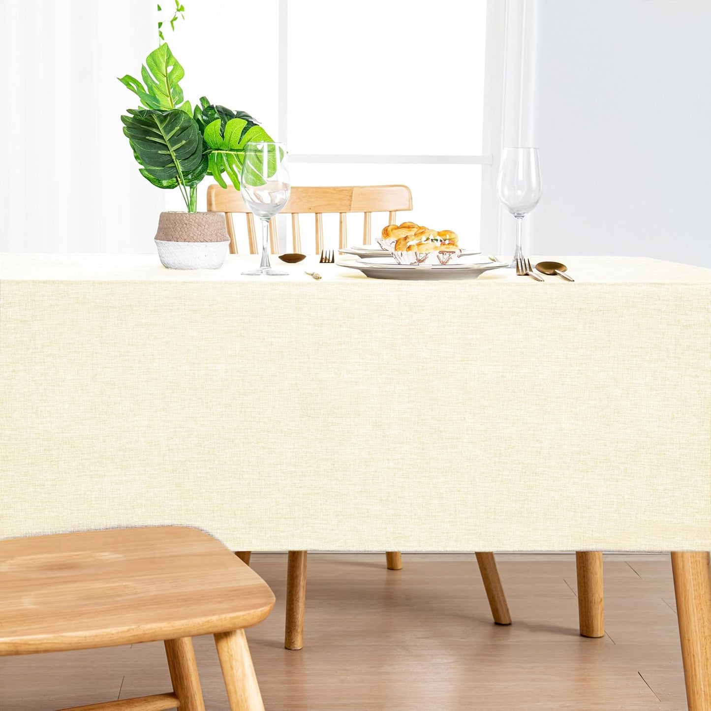 Hiasan Faux Linen Rectangle Tablecloth - Wrinkle and Stain Resistant Washable Table Cloth for Kitchen Dining Room Holiday Table Cover for Dinner, Champagne, 70 x 140 Inch