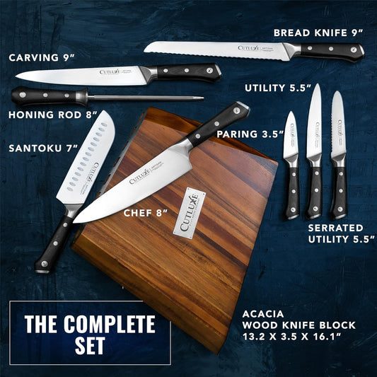 Cutluxe Kitchen Knife Set – 8 Pcs Professional Chef Knife Set with Block – Razor Sharp Knives with Full Tang Design, High Carbon German Steel, Natural Acacia Wood Block – Artisan Series
