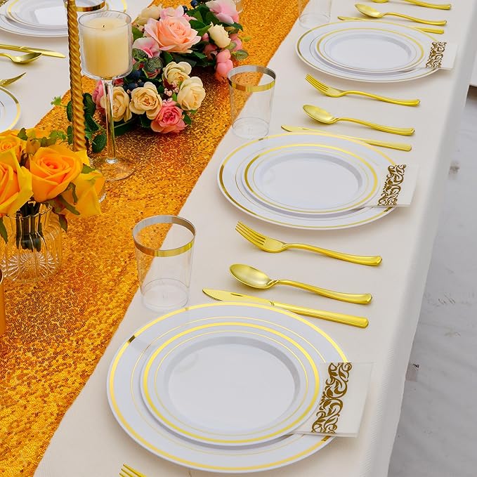 175 PCS Gold Dinnerware Set for 25 Guests, Gold Rimmed White Heavy Duty Plastic Disposable Plates for Party Wedding with 25 Dinner Plates,Dessert Plates, Silverware Set, Cups, Napkins