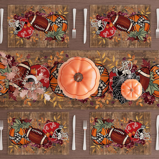 XCHI Fall Football Pumpkin Wood Placemats Set of 6 Table Mats for Party Home Kitchen Dining Table Decorations 12x18 Inch
