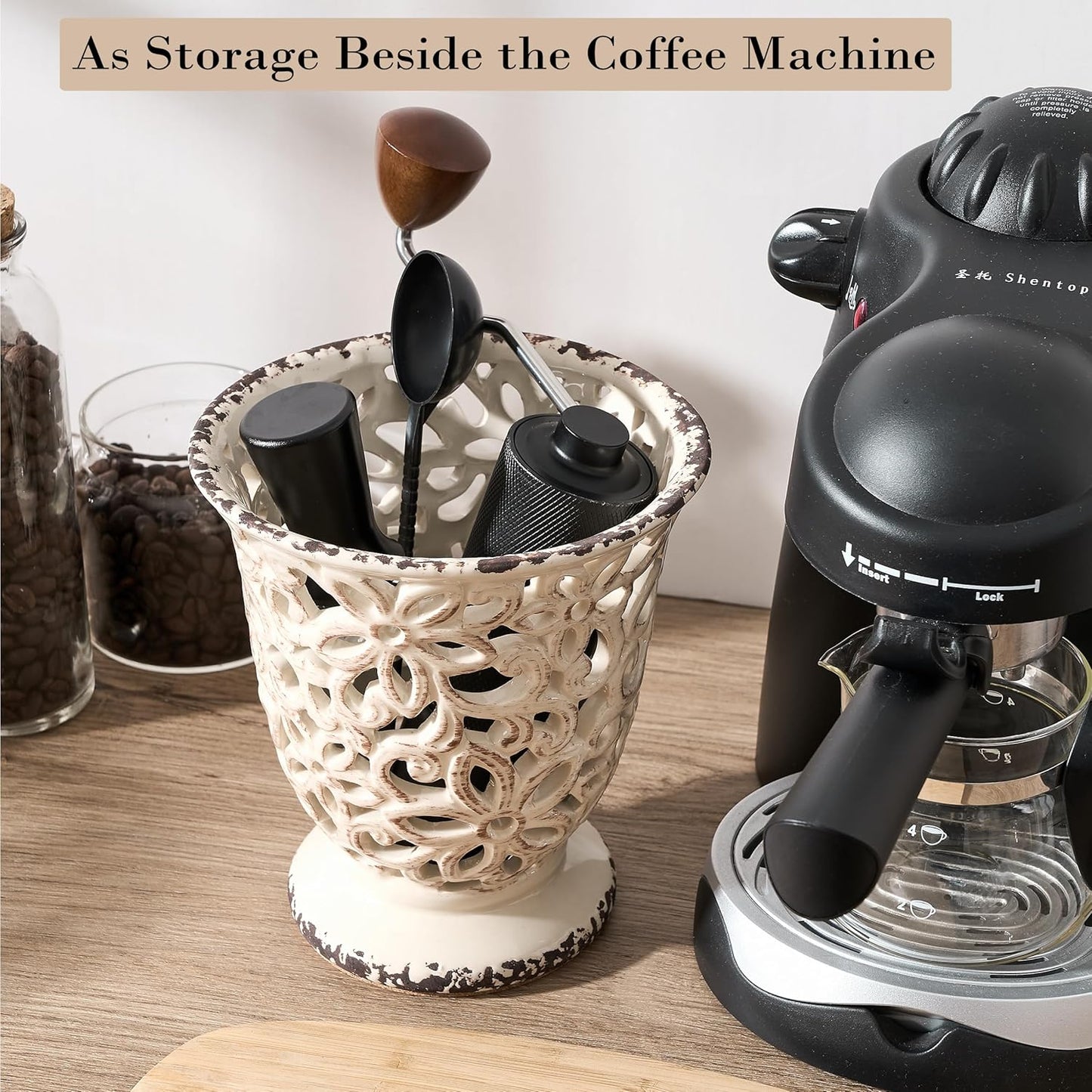 Utensil Holder for Kitchen Counter, Modern Farmhouse Cooking Utensil Holder and Crock Home Kitchen Decor, Ceramic Utensil Organizer for Spatula, Ladle, Eggbeater, Rolling Pin- Beige Antique Design