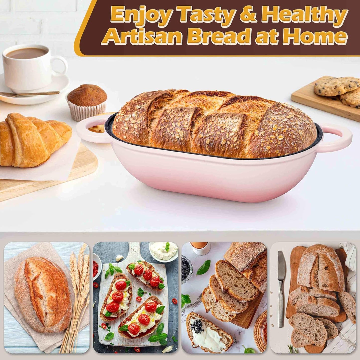 Homikit Enameled Cast Iron Dutch Oven for Bread Baking, 2.8 QT Oval Bread Oven Pot with Lid, Cast Iron Dutch Oven Loaf Sourdough Pan for Roasting Cooking, Pink & Heavy Duty