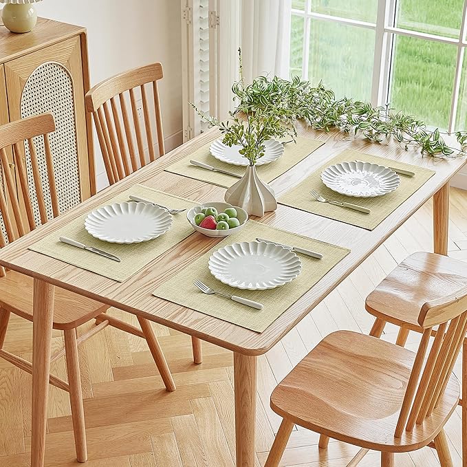 Softalker Faux Linen Placemats Set of 8-12 x 18 Inch, Heat Resistant Double Layered Durable Burlap Farmhouse Place Mats, Non-Slip Washable Rustic Table Mats for Dining, Kitchen, Party(Light Linen