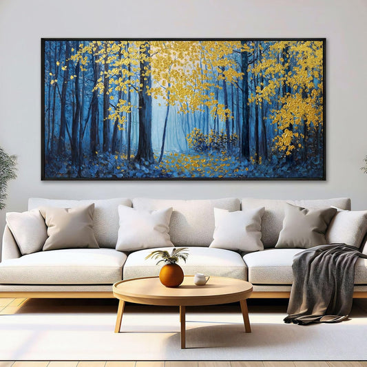 KLAKLA Blue and Gold Tree Wall Art - Birch Tree Forest Painting Pictures Framed Artwork for Living Room Bedroom Office Canvas Print Art Gorgeous Landscape Wall Art Home Decoration - 58x29 Inches
