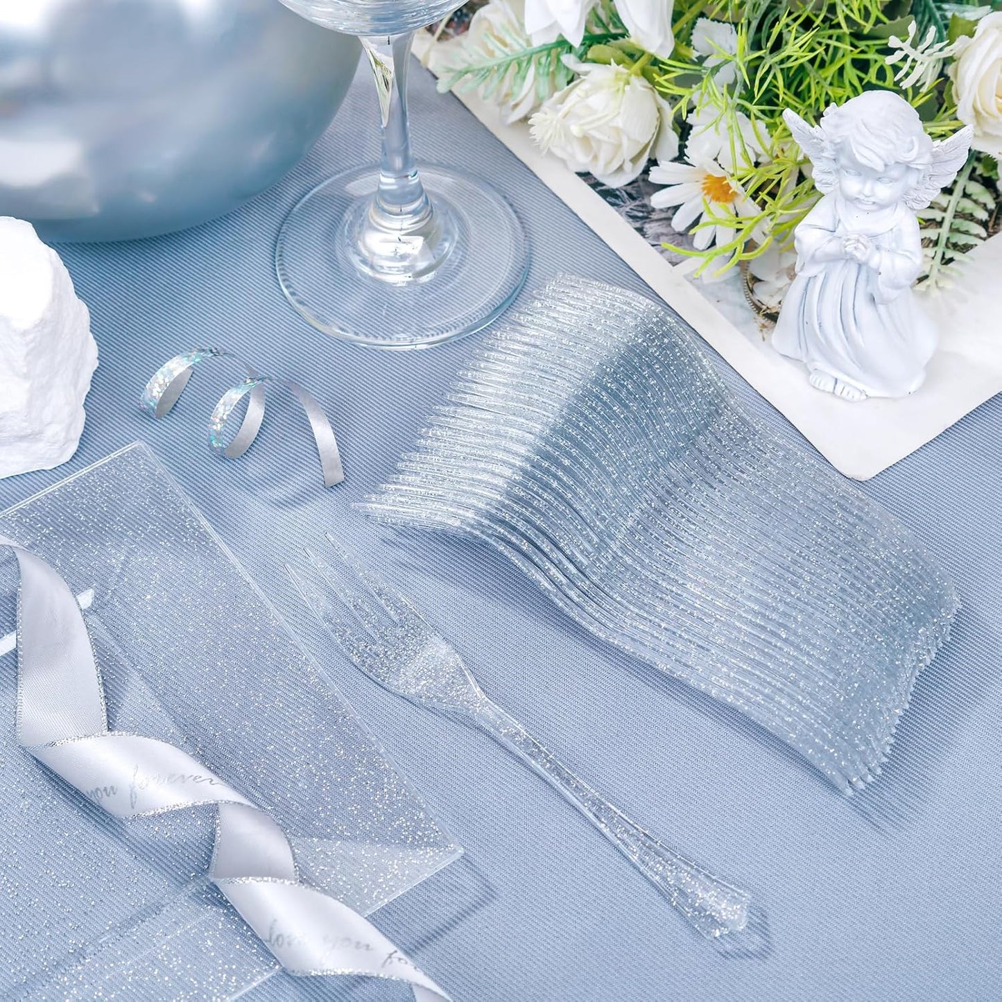 DaYammi 100Pcs Silver Dessert Plates Including 50Pcs Appetizer Plates 6",50Pcs Plastic Forks 5.7",Silver Glitter Plastic Square plate for Wedding,silver Salad plates and Cake Forks for Birthday Party