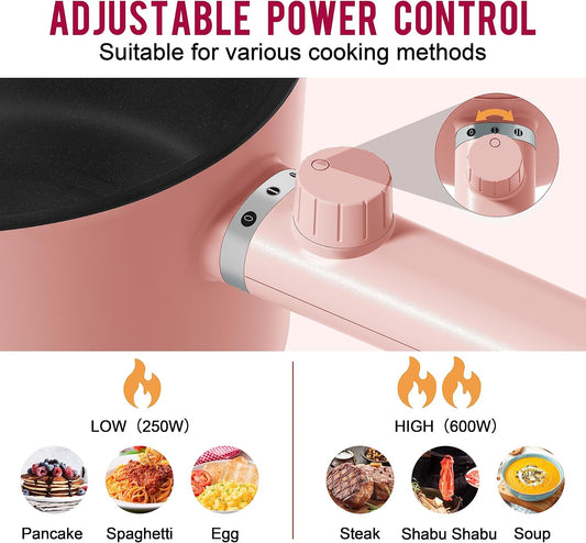 Topwit Hot Pot Electric, 1.5L Ramen Cooker, Portable Non-Stick Frying Pan, Electric Pot for Pasta, Steak, BPA Free, Electric Cooker with Dual Power Control, Over-Heating & Boil Dry Protection, Pink