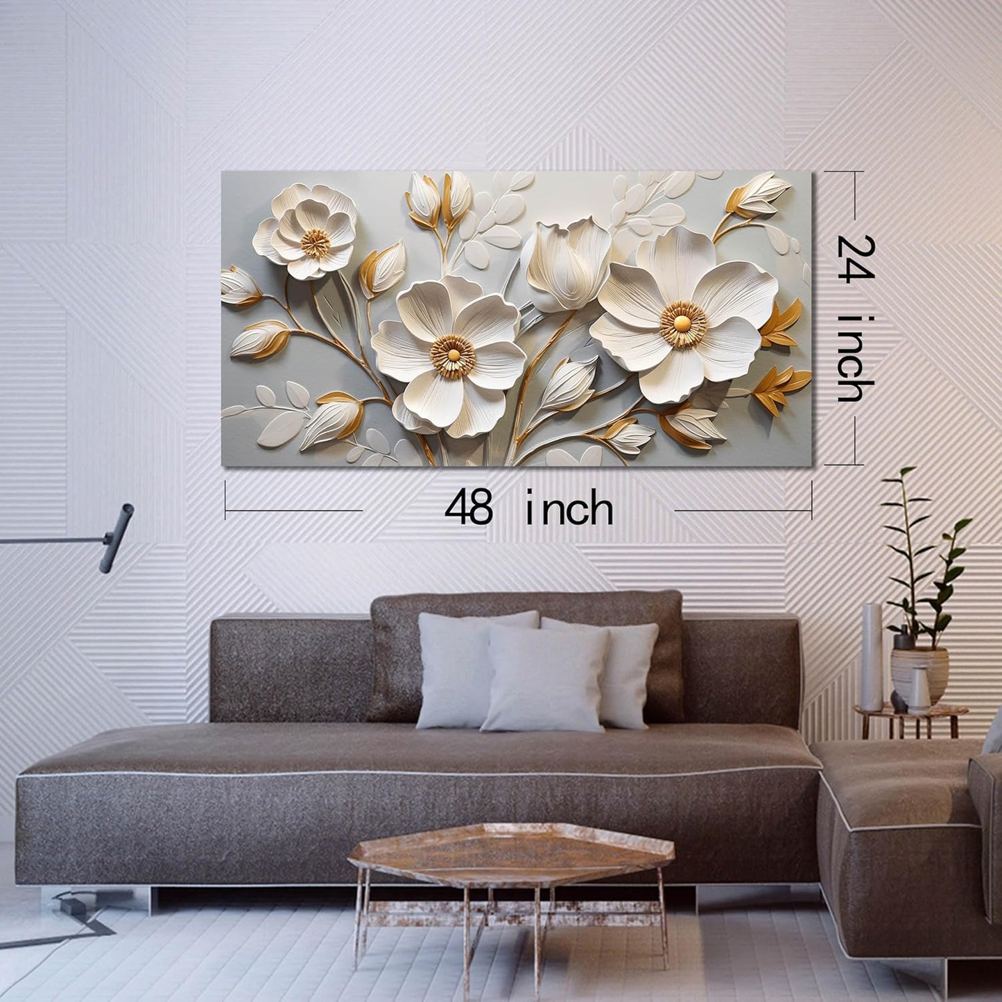 AOZEMI White Flowers Wall Art Floral Pictures Art Botanical Canvas Plant Prints Gold Wall Decor for Living Room Bedroom 24x48