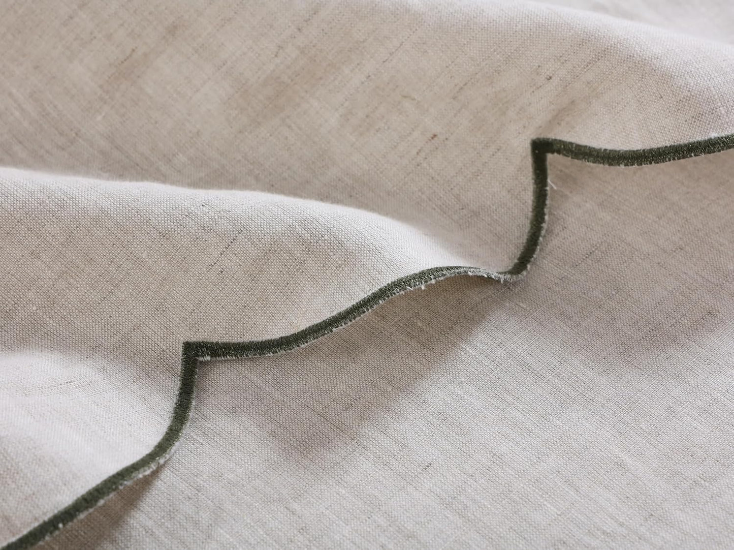 100% French Flax Linen Tablecloths Scalloped Embroidery Rectangle 84Lx60W Inch for Dinners, Parties, Spring, Machine Washable, 6-8 Sets, Linen(Edges-Green)