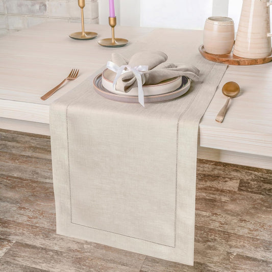 D'Moksha Homes Linen Light Natural Table Runner 72 Inches Long - 100% Pure Linen Hemstitch Table Runner 14 x 72 Inch for Dresser, Dining, Fall, Autumn and Halloween - Classic Hemstitch