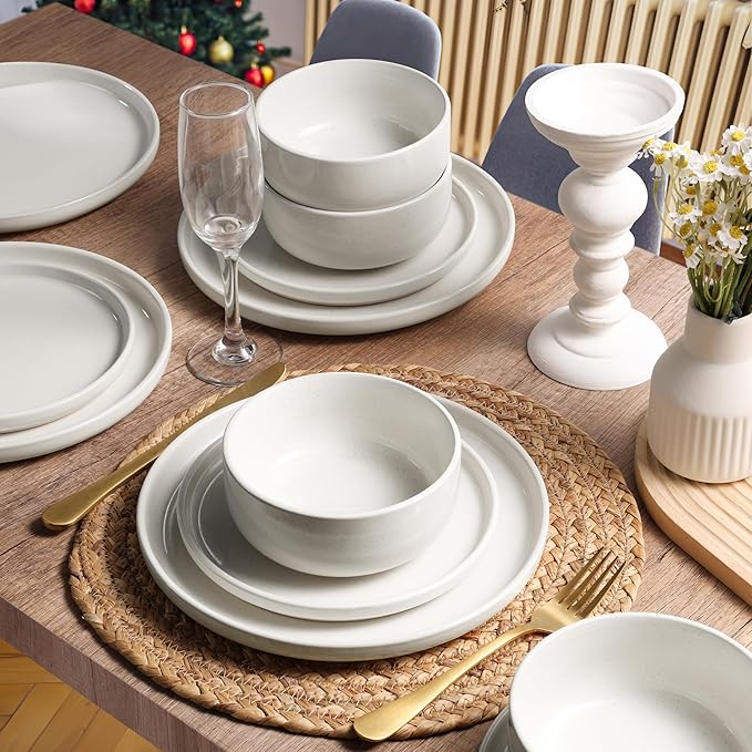 HaWare Stoneware Dinnerware Sets, 12-Piece Plates and Bowls Set for 4, Dishes Set for Home Restaurant, Speckled Milky White