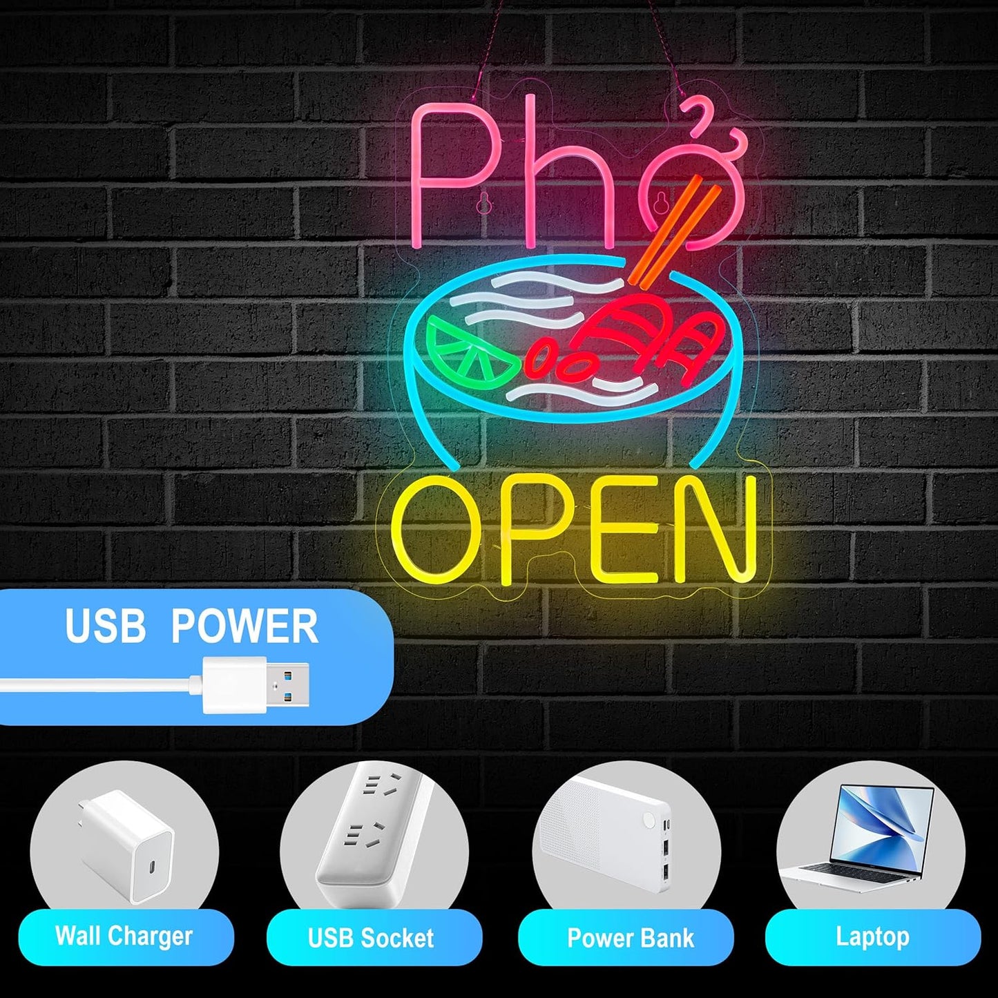 Vietnamese Pho Open Neon Sign Dimmable USB Powered LED Ramen Bowl Open Signs for Restaurant Business Food Truck Kitchen Wall Decor Light