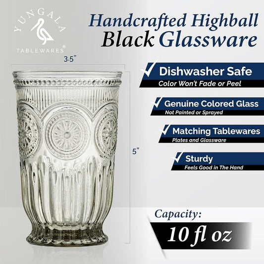 Yungala Black Glassware set of 6 smoke drinking glasses, textured colored vintage glass highball glasses, hobnail inspired dishwasher friendly smoke water glasses or cocktail drinkware