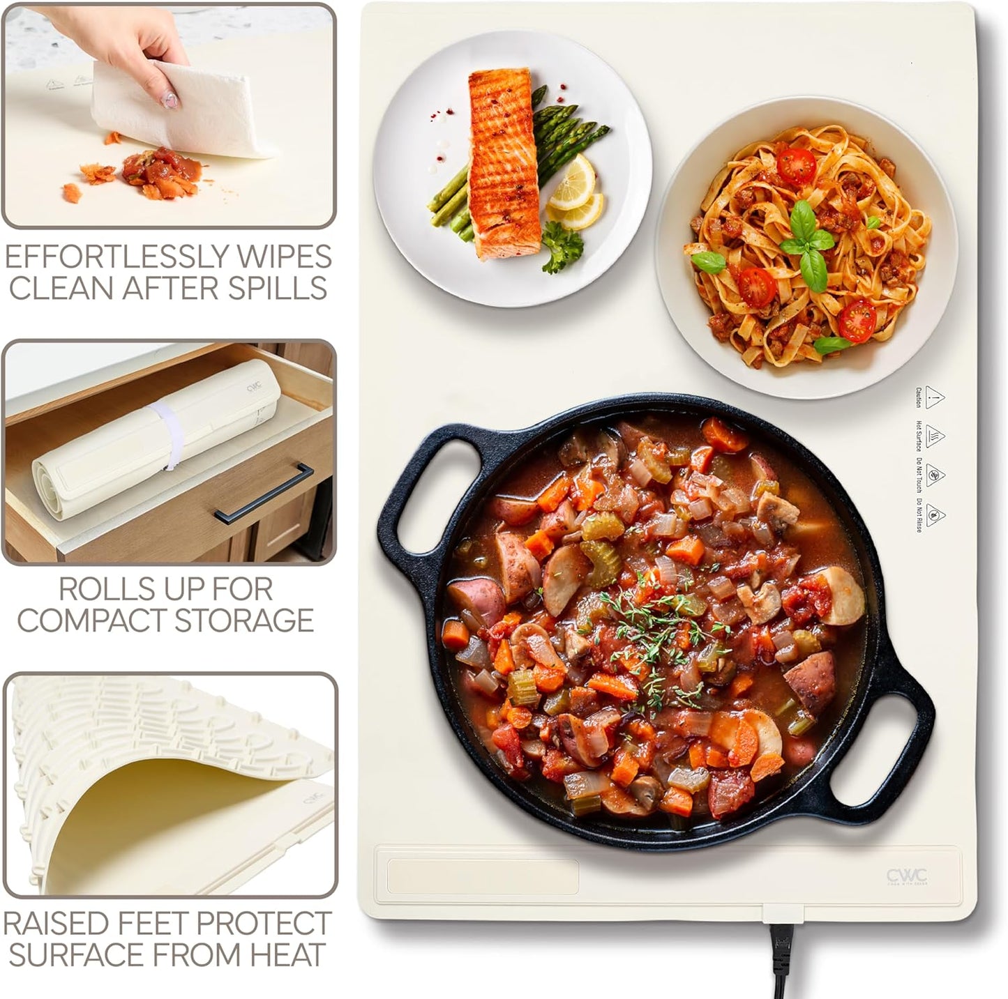 COOK WITH COLOR 350W Electric Food Warming Mat - Portable Food Warmer Tray with Adjustable Temperature, Fast 60-Second Heating, Auto Shut-Off, Rollable Silicone Pad for Parties & Everyday Use, Cream