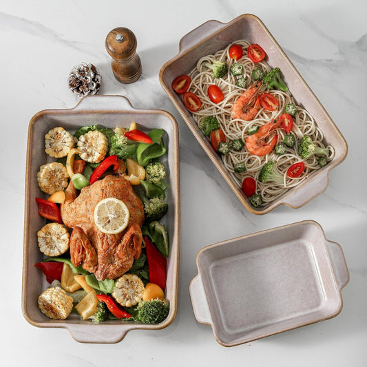 HVH 9x13 Baking Dish Set, Large Casserole Dishes for Oven, Ceramic Bakeware Set of 3, Rectangular Lasagne Pan Deep for Baking (Sand Color)