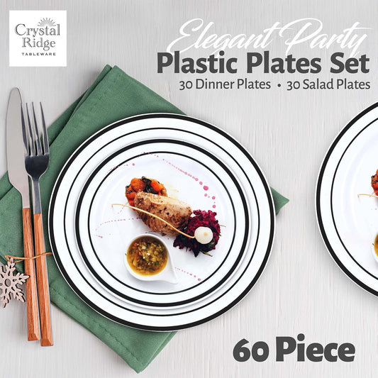 60 Pieces White Plastic Disposable Plates - Premium Heavy-Duty 30 Dinner Plates & 30 Salad Plates with Black Rim Ideal for Party, Birthday and Special Events