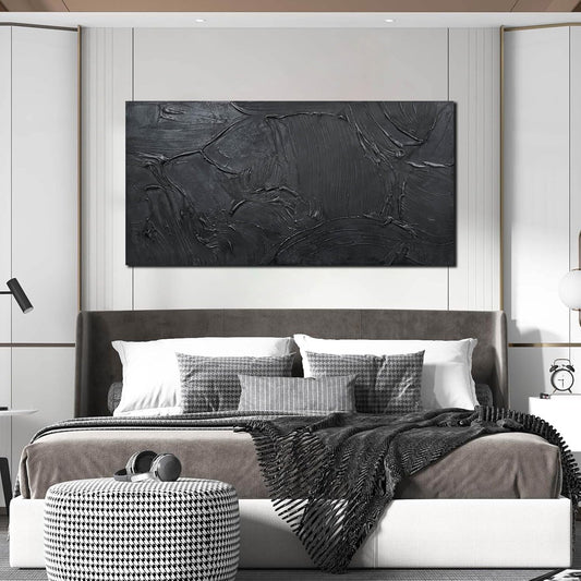 Abstract Art Pictures for Wall in Living Room - Minimalist Wall Art for Teen Boys Bedroom - Black Hand Painted Wall Art for Office Size 24" x 47"