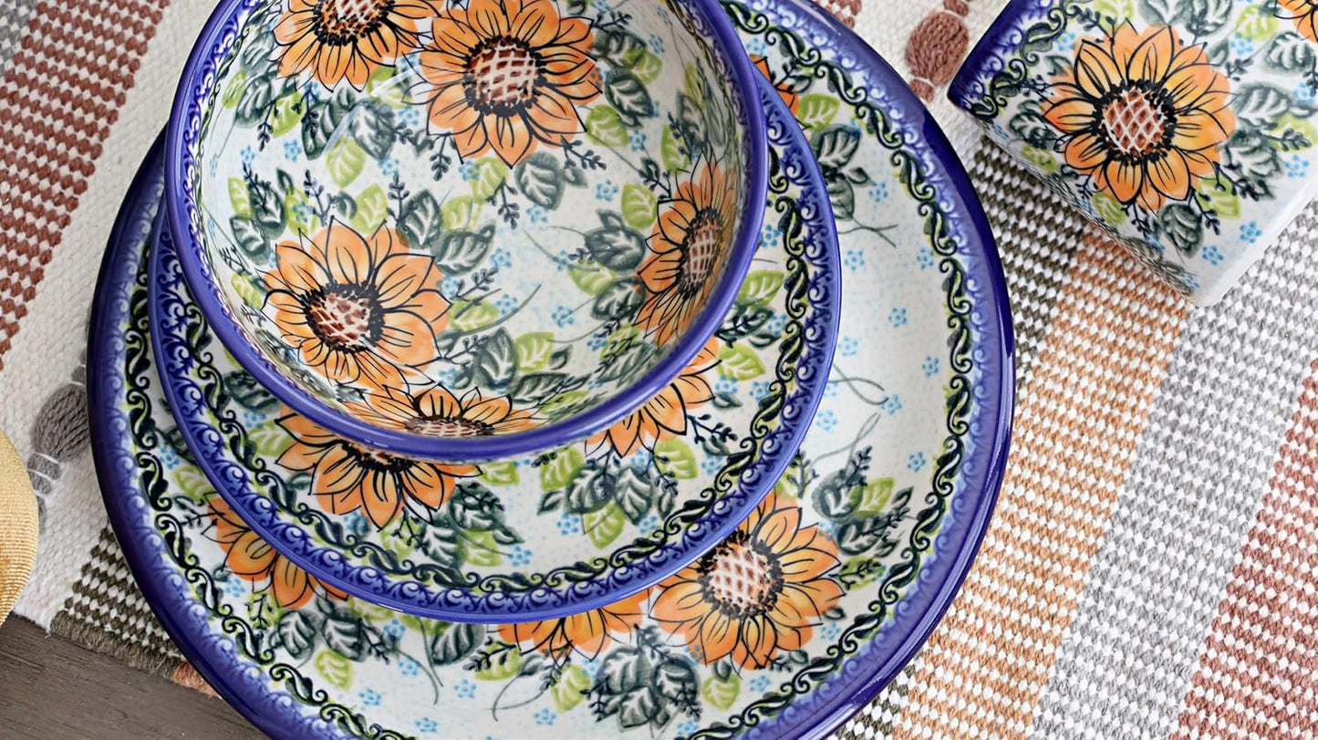 Blue Rose Polish Pottery - Orange Sunflower Splendor Dessert Plate - 7.5" Diameter - Beautiful Plate for Cake, Appetizers, or Snacks